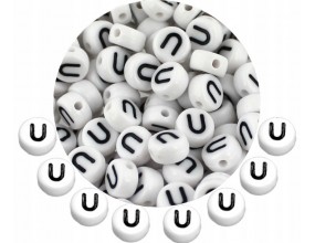 LITERA U - KORALIKI OKRĄGŁE LITERKI BIAŁE MONETY 7mm ALFABET LITERKA 20szt