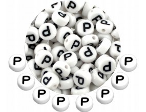 LITERA P - KORALIKI OKRĄGŁE LITERKI BIAŁE MONETY 7mm ALFABET LITERKA 20szt