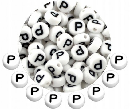 LITERA P - KORALIKI OKRĄGŁE LITERKI BIAŁE MONETY 7mm ALFABET LITERKA 20szt