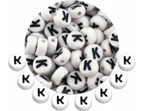 LITERA K - KORALIKI OKRĄGŁE LITERKI BIAŁE MONETY 7mm ALFABET LITERKA 20szt