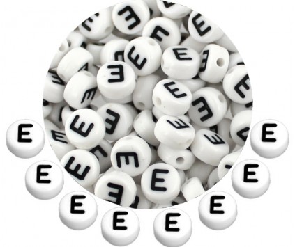 LITERA E - KORALIKI OKRĄGŁE LITERKI BIAŁE MONETY 7mm ALFABET LITERKA 20szt