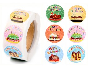 Naklejki Prezentowe Urodzinowe "Happy Birthday" Tort 6 wzorów 2,5cm 50szt