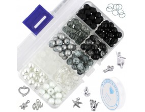 KORALIKI SZKLANE BIAŁE SZARE CZARNE 8mm ZESTAW ORGANIZER + GUMKA ZAWIESZKI