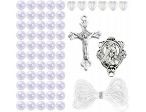 ZESTAW DO RÓŻAŃCA KORALIKI AKRYLOWE BIAŁE MEDALIK KRZYŻYK SZNUREK RÓŻANIEC