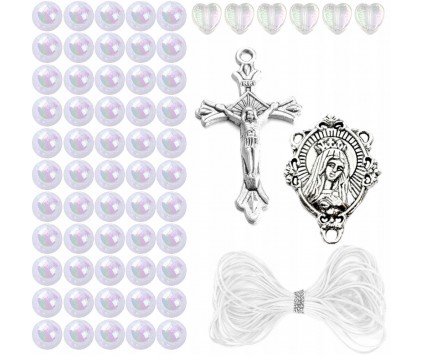 ZESTAW DO RÓŻAŃCA KORALIKI AKRYLOWE BIAŁE MEDALIK KRZYŻYK SZNUREK RÓŻANIEC