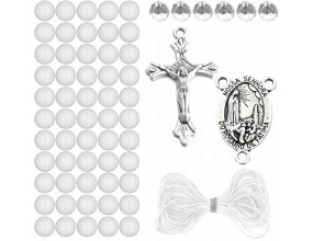 ZESTAW DO RÓŻAŃCA KORALIKI AKRYLOWE MEDALIK KRZYŻYK SZNUREK RÓŻANIEC BIAŁY