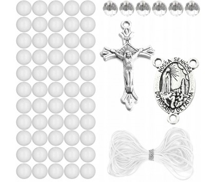 ZESTAW DO RÓŻAŃCA KORALIKI AKRYLOWE MEDALIK KRZYŻYK SZNUREK RÓŻANIEC BIAŁY
