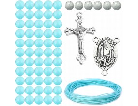 ZESTAW DO RÓŻAŃCA KORALIKI SZKLANE MEDALIK KRZYŻYK SZNUREK RÓŻANIEC BŁĘKIT