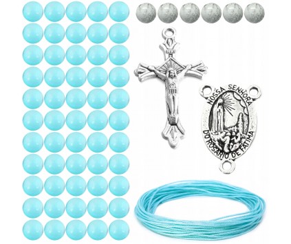 ZESTAW DO RÓŻAŃCA KORALIKI SZKLANE MEDALIK KRZYŻYK SZNUREK RÓŻANIEC BŁĘKIT
