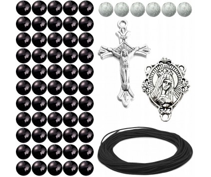 ZESTAW DO RÓŻAŃCA KORALIKI SZKLANE MEDALIK KRZYŻYK SZNUREK RÓŻANIEC CZARNY