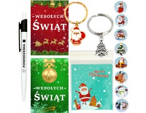 PACZKA ŚWIĄTECZNA NA MIKOŁAJKI ŚWIĘTA PREZENT DŁUGOPIS BRELOCZKI NAKLEJKI
