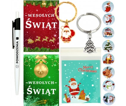 PACZKA ŚWIĄTECZNA NA MIKOŁAJKI ŚWIĘTA PREZENT DŁUGOPIS BRELOCZKI NAKLEJKI