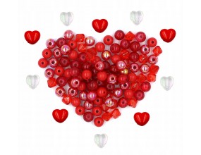 MIX KORALIKÓW 110szt KORALIKI KULKI SERCA CZERWONE MIX SZKLANE CRACKLE