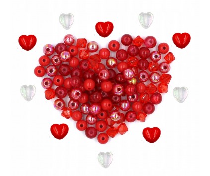 MIX KORALIKÓW 110szt KORALIKI KULKI SERCA CZERWONE MIX SZKLANE CRACKLE