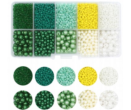 ZESTAW KORALIKI DO BRANSOLETEK PEREŁKI I SZKLANE DROBNE SEEDS ZIELONE ŻÓŁTE