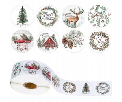 Naklejki Świąteczne do Paczek Prezentów Święta Mikołaj Renifer Rolka 500sz