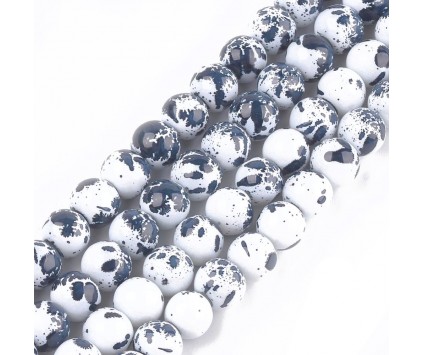 KORALIKI SZKLANE PLAMISTE 8mm 50szt DO BRANSOLETEK RÓŻAŃCA BIAŁO-SZARE