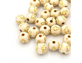 KORALIKI KULE Z KRZYŻEM KRZYŻE DO RÓZAŃCA BRANSOLETKI AKRYL 10mm 20szt ECRU