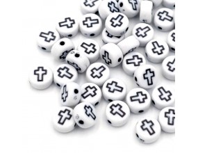 KORALIKI MONETY Z KRZYŻEM KRZYŻE DO RÓZAŃCA BRANSOLETKI AKRYL 7mm 30szt BIA