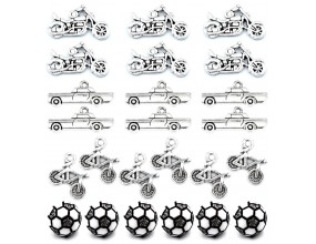 ZAWIESZKI CHARMS POJAZDY MOTOR SAMOCHÓD ROWER PIŁKA WALENTYNKI MIX 24szt