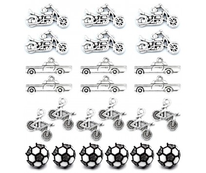 ZAWIESZKI CHARMS POJAZDY MOTOR SAMOCHÓD ROWER PIŁKA WALENTYNKI MIX 24szt