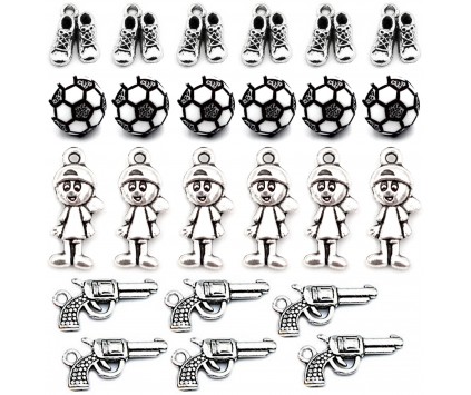 ZAWIESZKI CHARMS CHŁOPIEC PISTOLET BUCIKI PIŁKA ZESTAW WALENTYNKI MIX 24szt