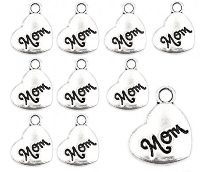 ZAWIESZKA CHARMS SERCE SERCA NAPIS "MOM" 17mm DLA MAMY DZIEŃ MATKI 10szt
