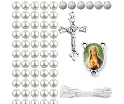 DIY ZESTAW DO RÓŻAŃCA KORALIKI SZKLANE MEDALIK KRZYŻYK SZNUREK RÓŻANIEC BIA