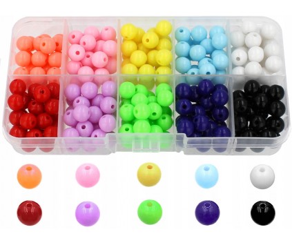 ZESTAW KORALIKI GŁADKIE 8mm 250szt AKRYLOWE KULKI DO BRANSOLETEK ORGANIZER