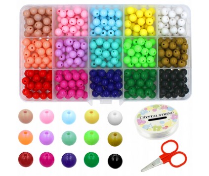 ZESTAW KORALIKI GŁADKIE 8mm 375szt AKRYLOWE KULKI DO BRANSOLETEK ORGANIZER