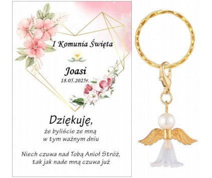 Podziękowanie dla gości BRELOK KOMUNIA PERSONALIZACJA PAMIĄTKA ANIOŁEK