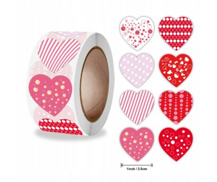 Naklejki Serca Serduszka Scrapbooking Walentynki 8 wzorów 2,5cm 500sz ROLKA