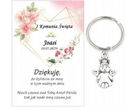 A8 Podziękowanie dla gości brelok ANIOŁEK KOMUNIA PERSONALIZACJA PAMIĄTKA