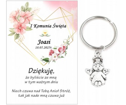 A8 Podziękowanie dla gości brelok ANIOŁEK KOMUNIA PERSONALIZACJA PAMIĄTKA