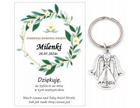 A6 Podziękowanie dla gości brelok ANIOŁEK KOMUNIA PERSONALIZACJA PAMIĄTKA