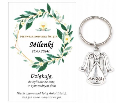 A6 Podziękowanie dla gości brelok ANIOŁEK KOMUNIA PERSONALIZACJA PAMIĄTKA