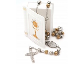 Różaniec Metal I Komunia Święta Pudełko Kuleczki Srebrno Złoty