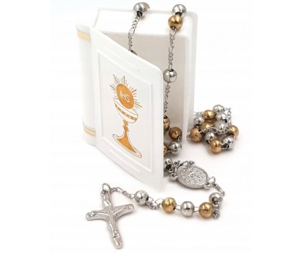 Różaniec Metal I Komunia Święta Pudełko Kuleczki Srebrno Złoty