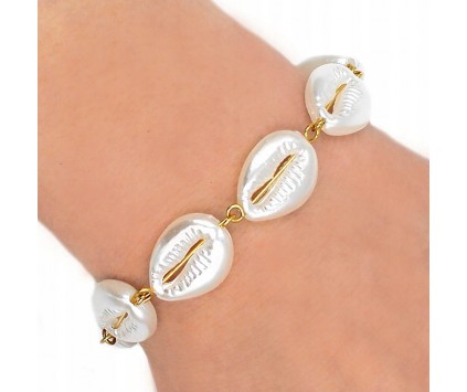 Bransoletka na Rękę Muszle Muszelki Perłowe Biała Złota Lato Wakacje Plaża