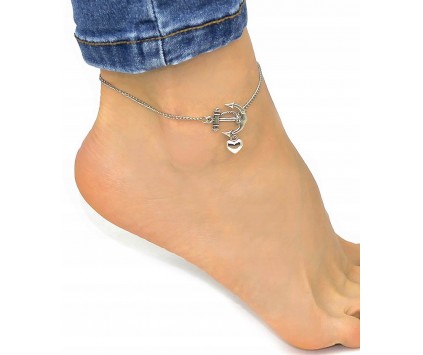 Bransoletka na Nogę Kostkę Łańcuszek Srebrna Lato Wakacje Kotwica Serce
