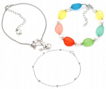 ZESTAW BRANSOLETKI NA NOGĘ KOSTKĘ LATO WAKACJE 3szt KOTWICA ŁAŃCUSZEK