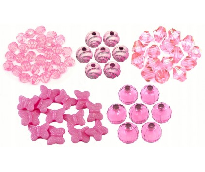 Różowe Jasne Koraliki Akrylowe 5 wzorów Zestaw Motylki Szlifowane 90szt