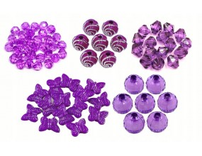 Fioletowe Koraliki Akrylowe 5 wzorów Zestaw Szlifowane Motyle Komplet 90szt
