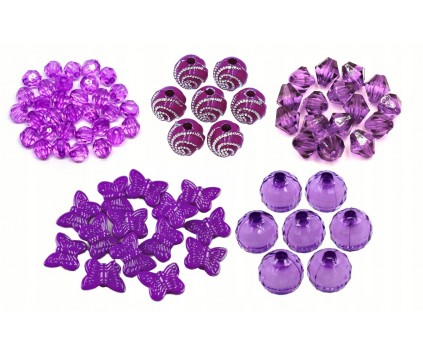 Fioletowe Koraliki Akrylowe 5 wzorów Zestaw Szlifowane Motyle Komplet 90szt