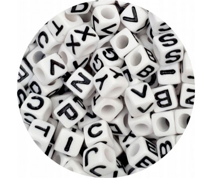Koraliki LITERKI Litery Kostki Modułowe Akryl 7mm Biało Czarne 100szt Mix