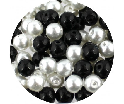KORALIKI SZKLANE PERŁY PEREŁKI KULKI 8mm CZARNE BIAŁE MIX ZESTAW 50szt