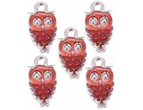 Zawieszka Emaliowana Charms SOWA Sówka z Brokatem Czerwona 18mm 5szt