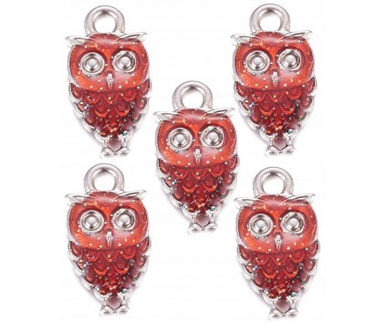 Zawieszka Emaliowana Charms SOWA Sówka z Brokatem Czerwona 18mm 5szt