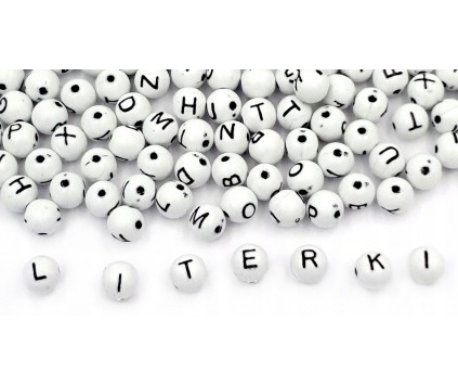 Koraliki LITERKI Litery Kulki Kule Akrylowe 8mm Biało Czarne 100szt Mix