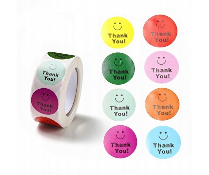 Naklejki Podziękowanie "Thank You" Uśmiech Urodziny 8 wzorów 2,5cm 50szt